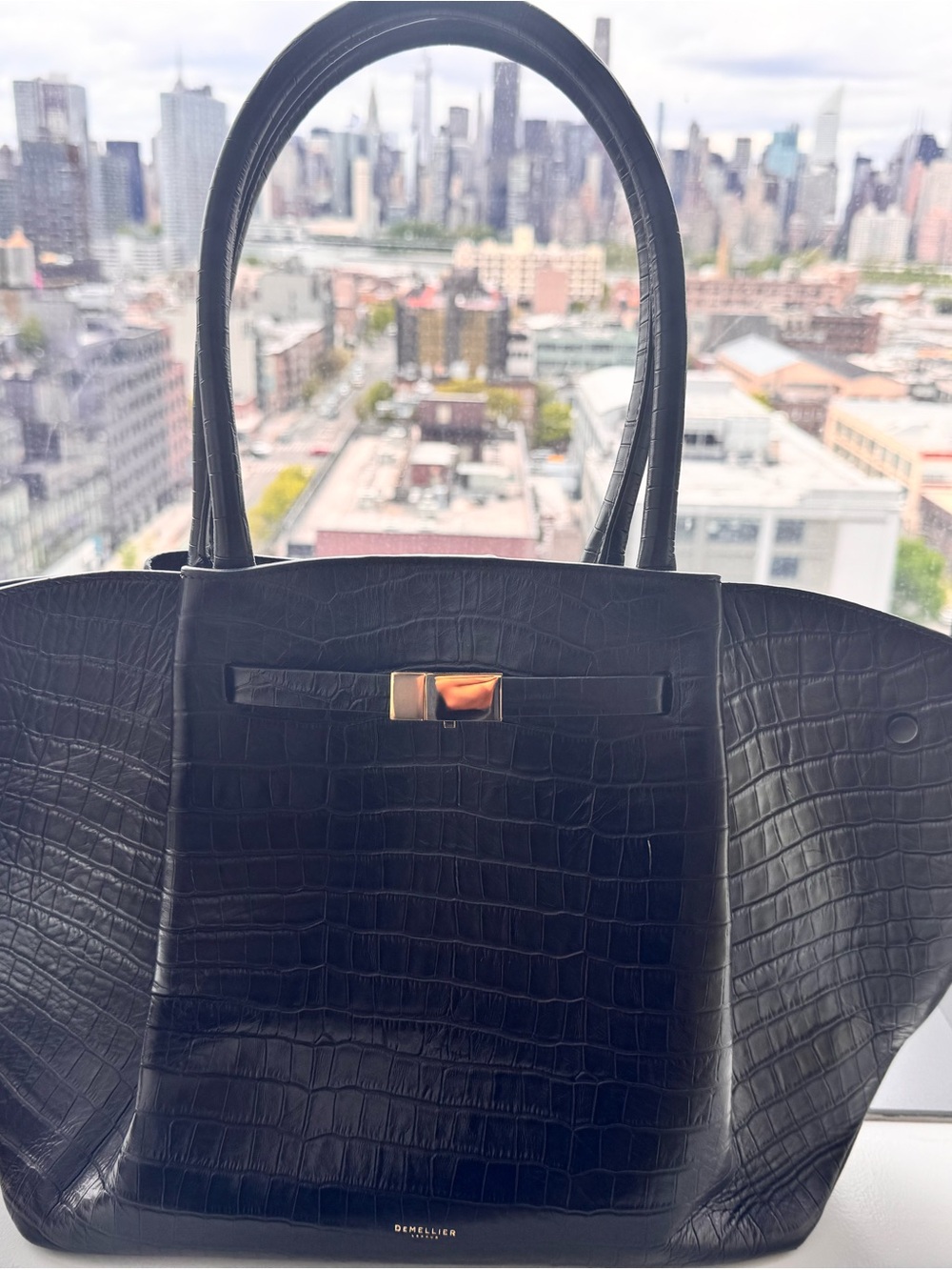 DeMellier Black Croc-Embossed Tote with Gold Clasp
